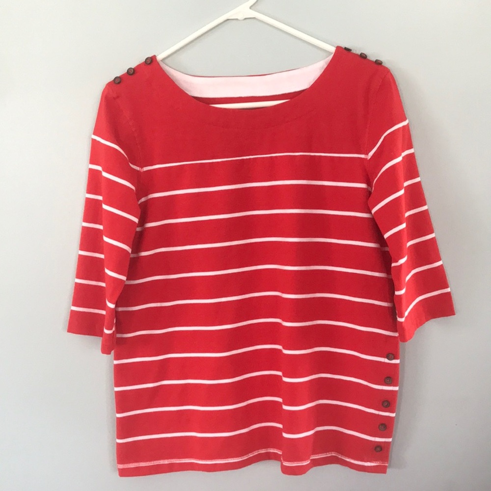 3/4 sleeve red/white striped ladies 85% cotton top.